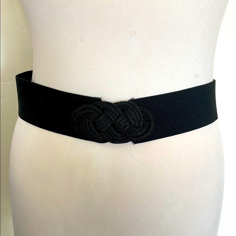 Vintage 1980's Black Cinch Waist Belt Elastic Stretchy Woven Cloth Cord Buckle